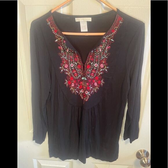 Embroidered hippie black top sz L - Picture 1 of 5